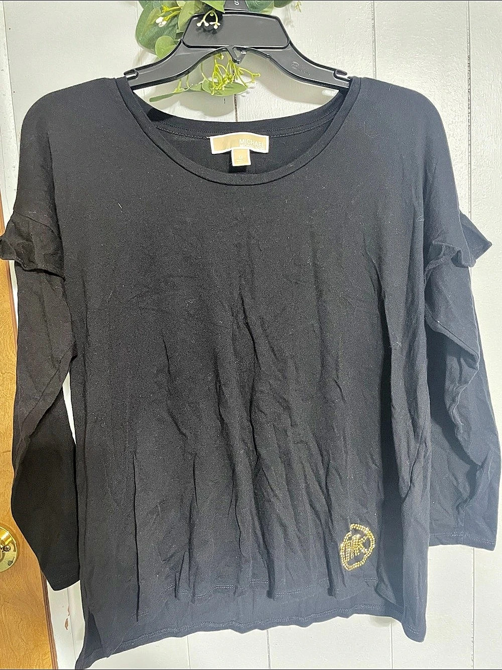 Michael Kors Ruffle Sleeve Embellished Tee in Black Size Medium